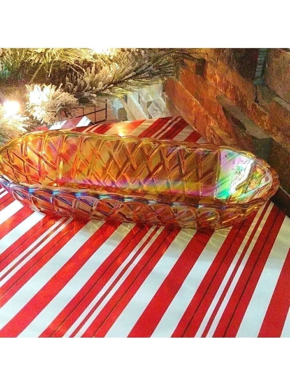 Vintage Carnival Iradescent Rainbow/ Orange Oval Glass Dish w/ Textured outside